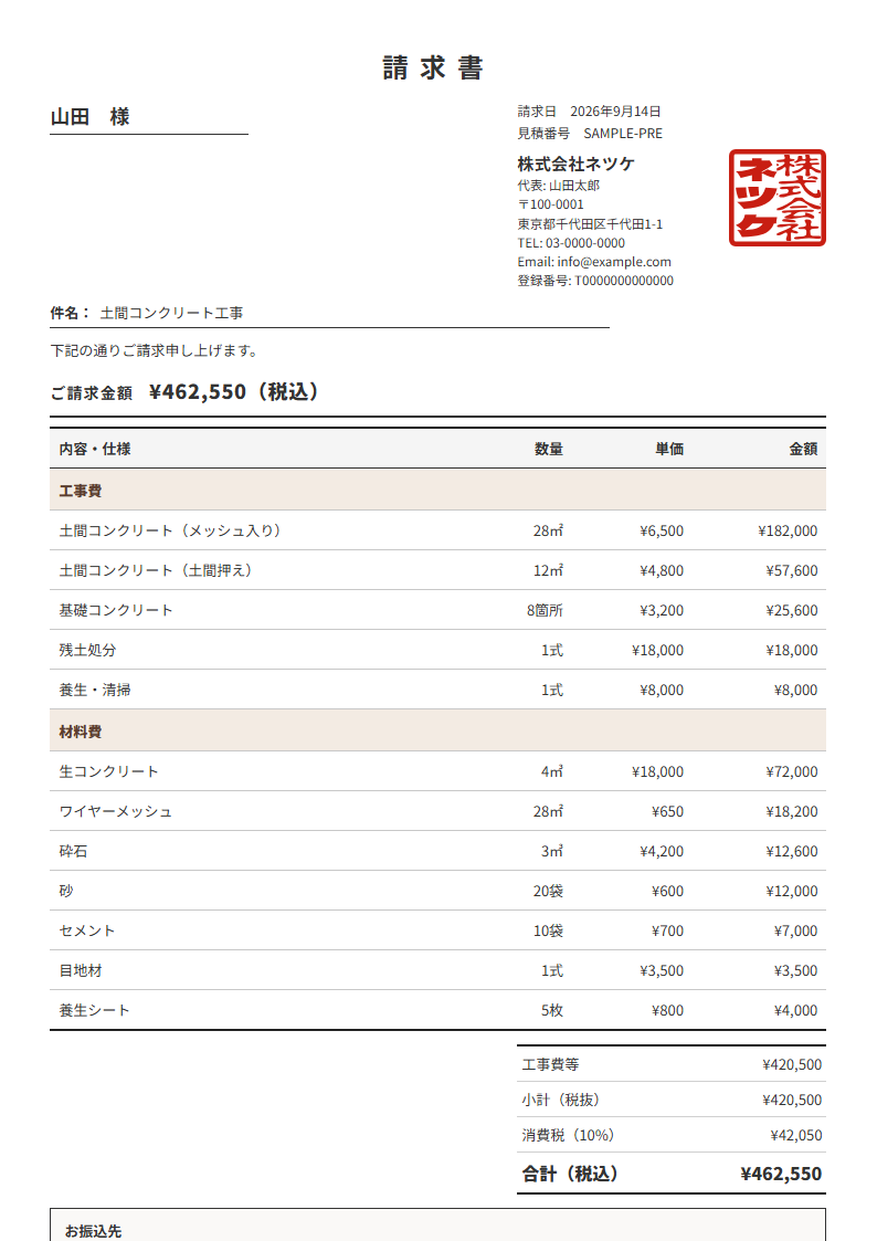 ネツケの請求書の実物。ご請求金額・明細・角印・振込先