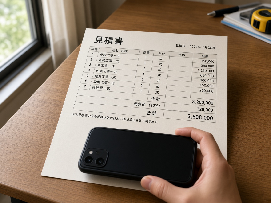 紙の見積書をスマホで撮影しているところ