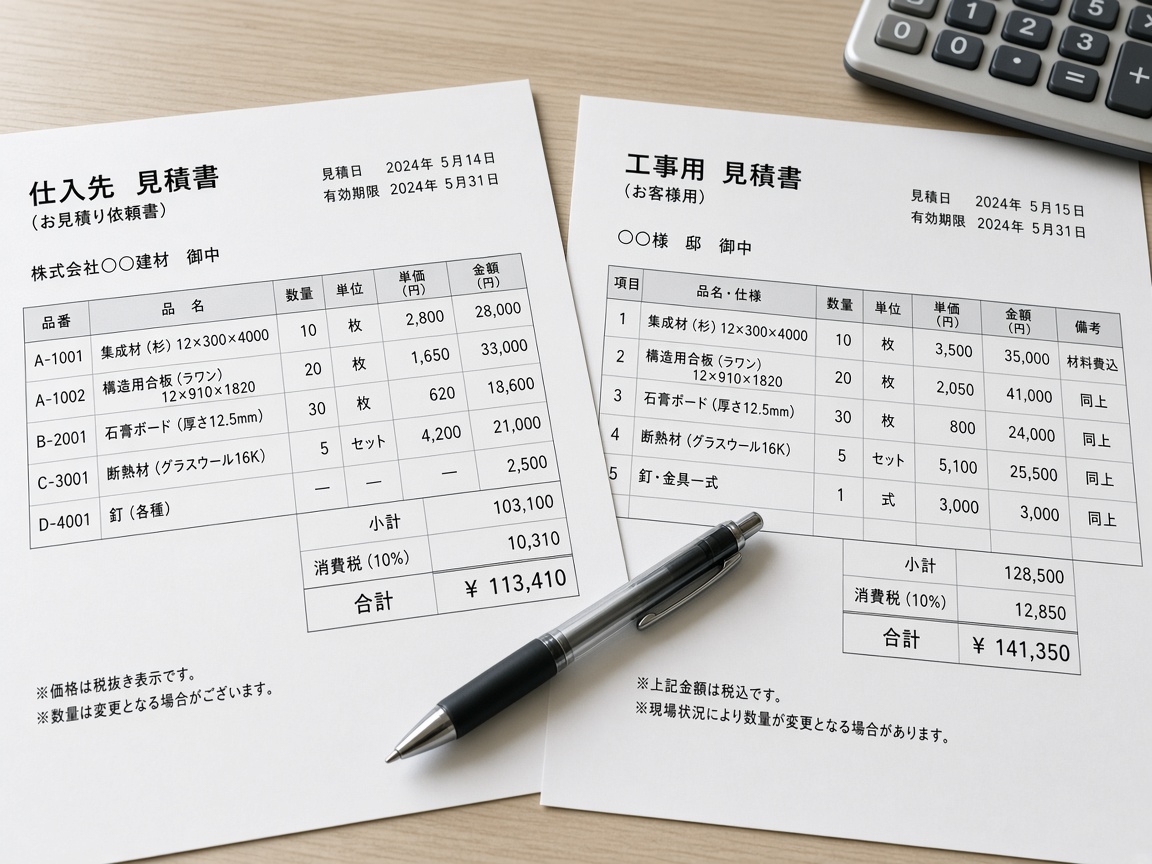 机の上に並んだ2枚の見積書と電卓
