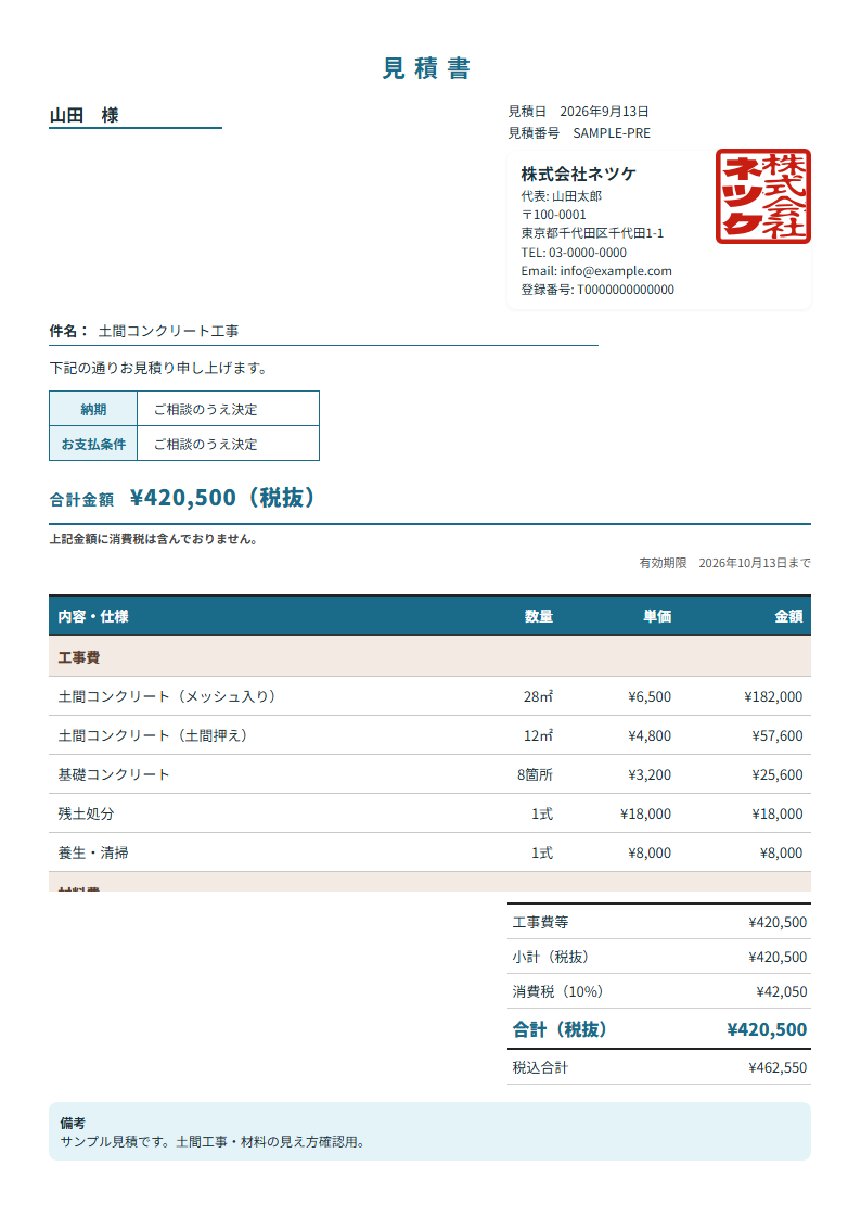 ネツケの見積書テンプレート「会社カード」（縦）の実物見本